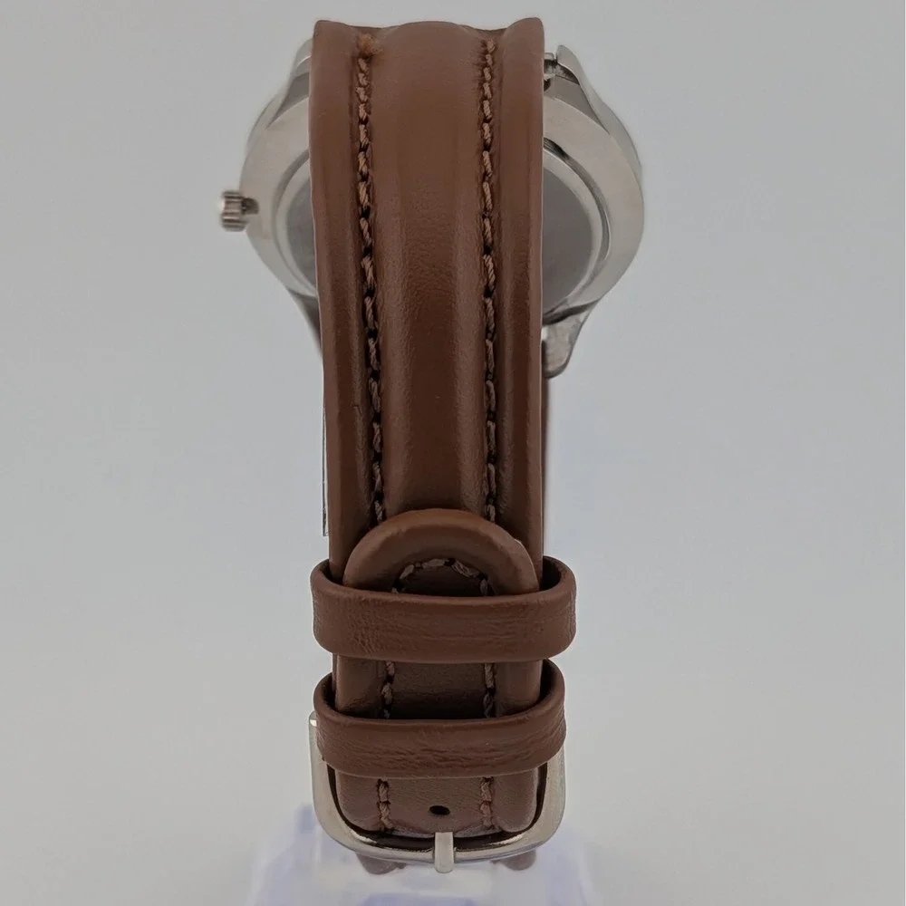 Avon Y2K Number Bezel Watch Green Markers‎ Brown Leather Strap